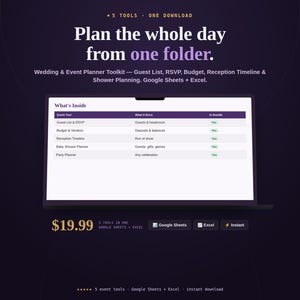 Wedding and Event Planner Toolkit bundle cover showing five celebration spreadsheets, price, and formats