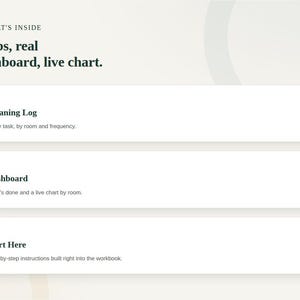 Feature grid showing the tabs included in the Household Cleaning Schedule Tracker workbook