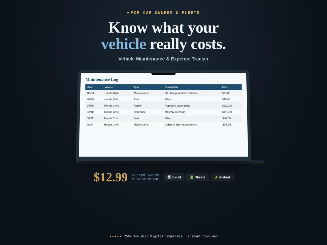 Vehicle Maintenance and Expense Tracker — Google Sheets & Excel spreadsheet by ToolWise Digital