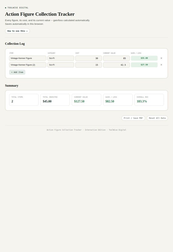 Action Figure Collection Tracker — Google Sheets & Excel spreadsheet by ToolWise Digital — view 3