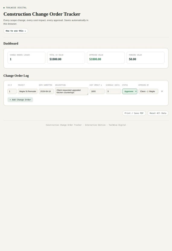 Construction Change Order Tracker — Google Sheets & Excel spreadsheet by ToolWise Digital — view 3