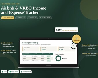 Hoja de cálculo para el seguimiento de ingresos y gastos de Airbnb y VRBO / Alquileres a corto plazo (Google Sheets, Excel)
