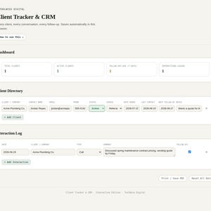 Client tracker CRM tool showing a lead and job pipeline with pipeline value