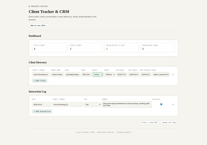 Client tracker CRM tool showing a lead and job pipeline with pipeline value