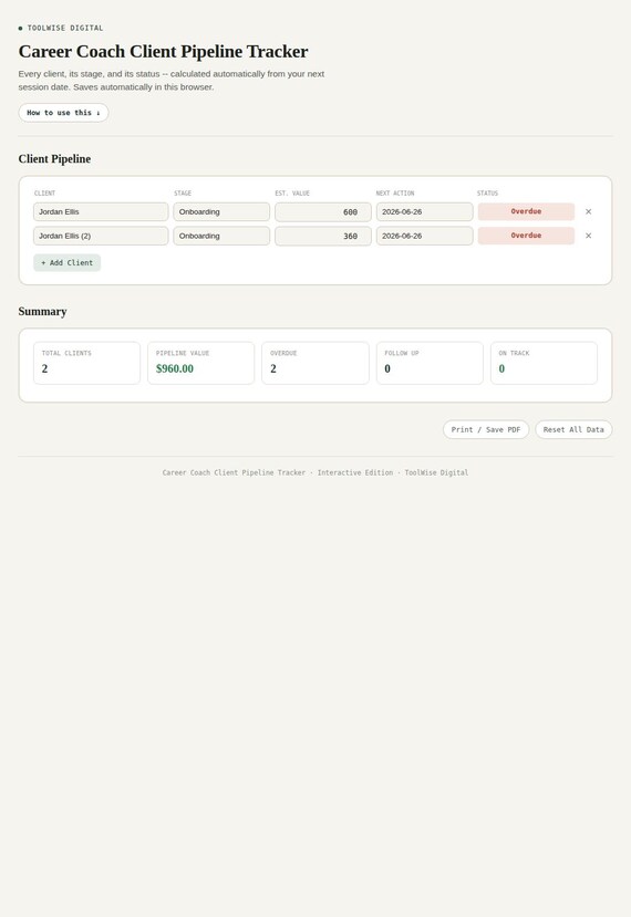 Career Coach Client Pipeline Tracker — Google Sheets & Excel spreadsheet by ToolWise Digital — view 3