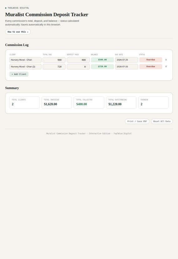 Muralist Commission Deposit Tracker — Google Sheets & Excel spreadsheet by ToolWise Digital — view 3