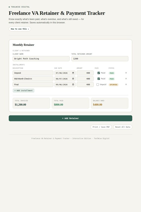 Freelance VA Retainer & Payment Tracker — Google Sheets & Excel spreadsheet by ToolWise Digital — view 3