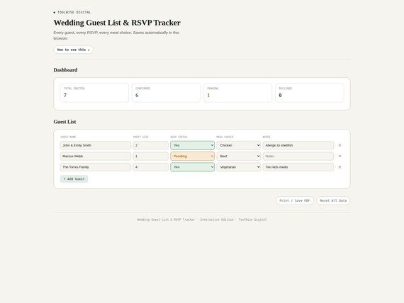 Wedding Event Planner Toolkit — Google Sheets & Excel spreadsheet by ToolWise Digital — view 5