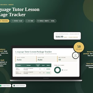 Op de afbeelding: Een digitaal sjabloon voor een taaldocent lespakket-tracker weergegeven op een laptopscherm. De interface bevat kolommen voor namen van studenten, lespakketten, totaal aantal lessen, gebruikte tegoeden en statusvlaggen. Compatibel met Google Sheets en Excel.