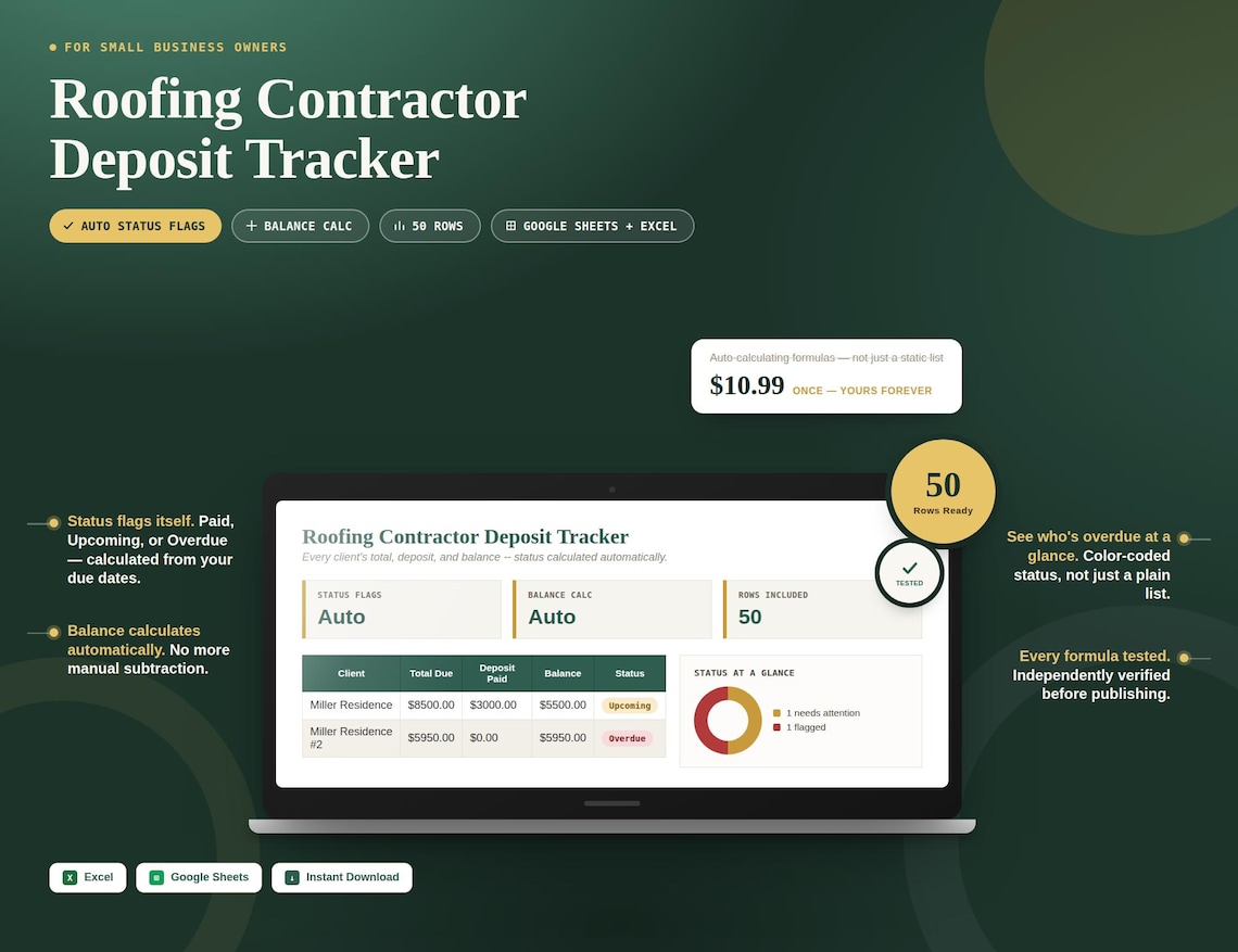 Roofing Contractor Deposit Tracker — Google Sheets & Excel spreadsheet by ToolWise Digital