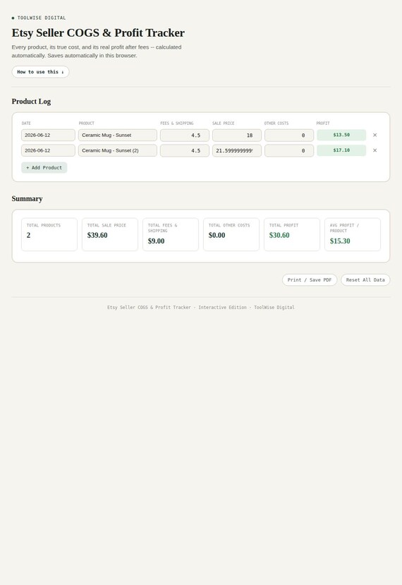 Etsy Seller COGS & Profit Tracker — Google Sheets & Excel spreadsheet by ToolWise Digital — view 3