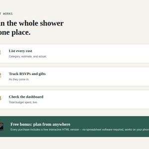 Three step how it works graphic and free bonus tool banner for Baby Shower Planner Spreadsheet