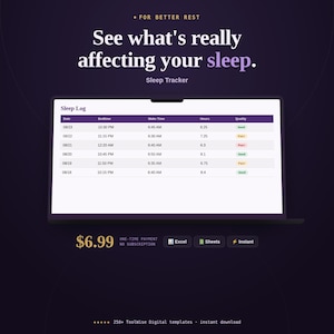 Sleep Tracker Spreadsheet product cover image showing key features, price, and format