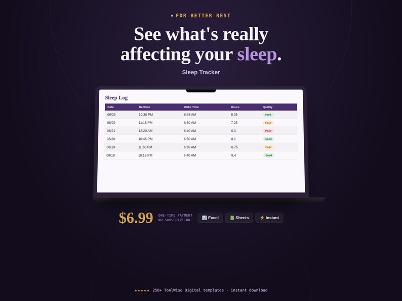 Sleep Tracker Spreadsheet product cover image showing key features, price, and format
