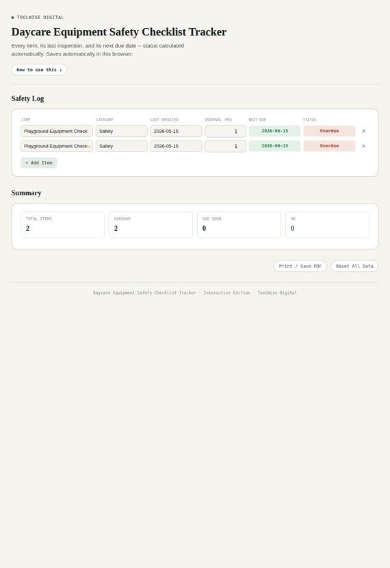 Daycare Equipment Safety Checklist Tracker — Google Sheets & Excel spreadsheet by ToolWise Digital — view 3