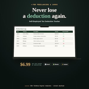 Self-Employed Tax Deduction Tracker Spreadsheet product cover image showing key features, price, and format