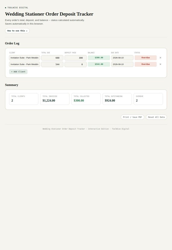 Wedding Stationer Order Deposit Tracker — Google Sheets & Excel spreadsheet by ToolWise Digital — view 3
