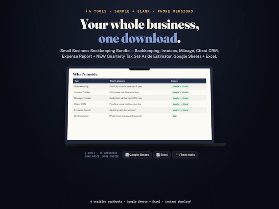 Small Business Bookkeeping Bundle, 6 Spreadsheets
