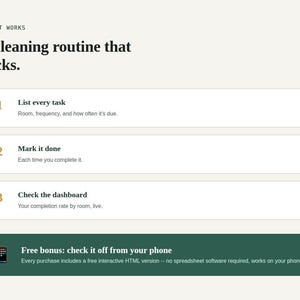 Three step how it works graphic and free bonus tool banner for Household Cleaning Schedule Tracker