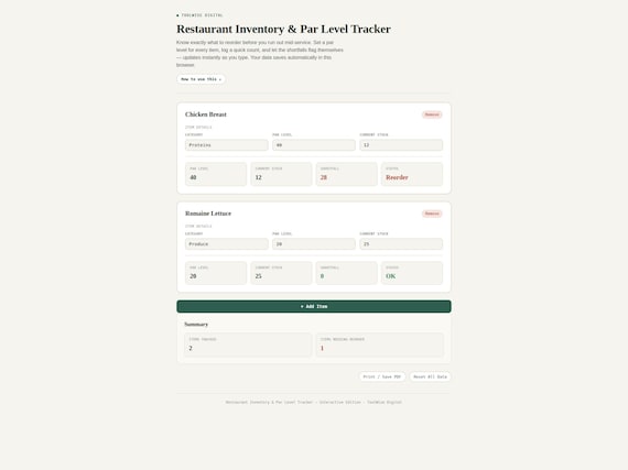 Restaurant Inventory Par Level Tracker — Google Sheets & Excel spreadsheet by ToolWise Digital — view 4