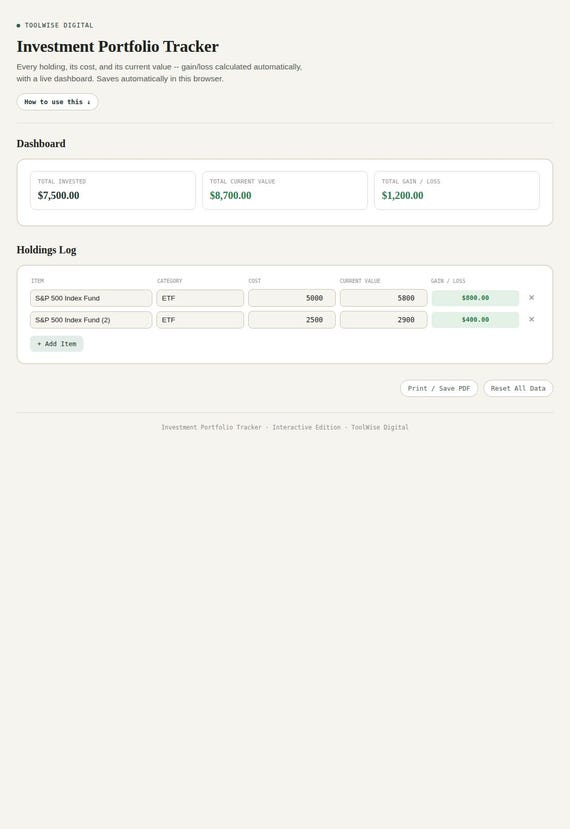 Investment Portfolio Tracker — Google Sheets & Excel spreadsheet by ToolWise Digital — view 3