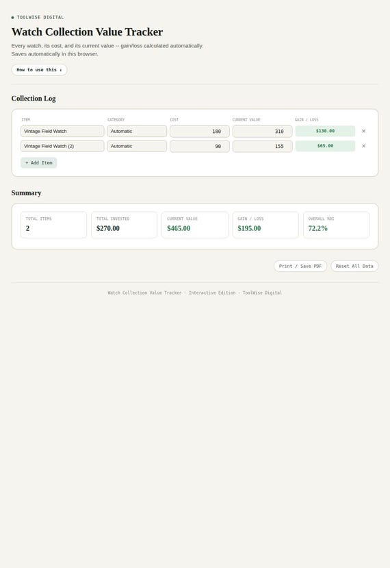 Watch Collection Value Tracker — Google Sheets & Excel spreadsheet by ToolWise Digital — view 3