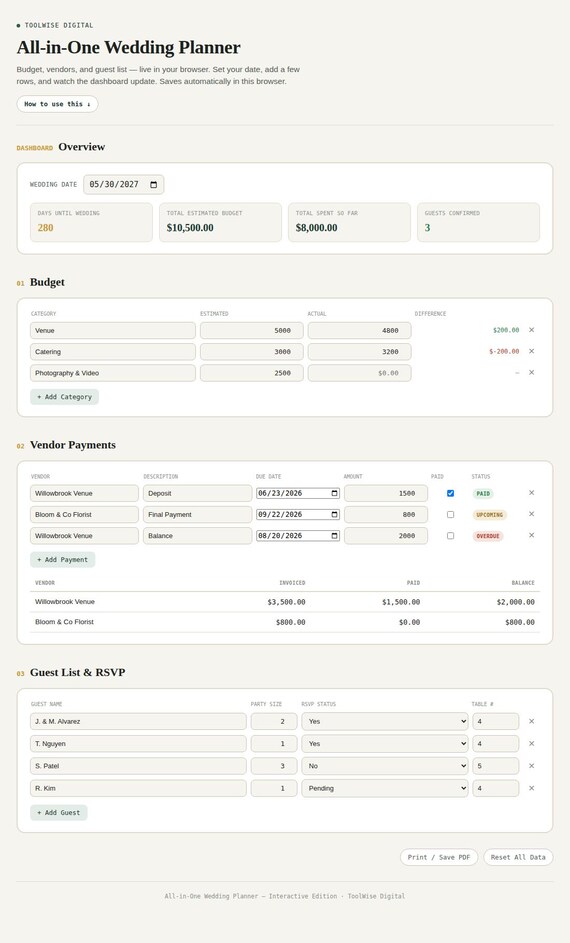 Wedding Planner Spreadsheet — Google Sheets & Excel spreadsheet by ToolWise Digital — view 4