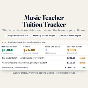 Gebührenübersicht für Musiklehrer, Schülerliste, Nachholstunden und Zahlungen (Google Sheets, Excel)