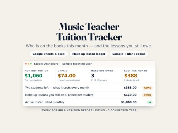 Private Music Teacher Tuition Tracker — Google Sheets & Excel spreadsheet by ToolWise Digital — view 1