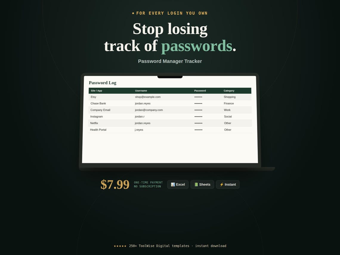 Password Manager & Login Tracker Spreadsheet — Google Sheets & Excel spreadsheet by ToolWise Digital
