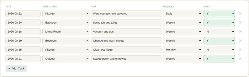 Interactive browser tool log table for Household Cleaning Schedule Tracker