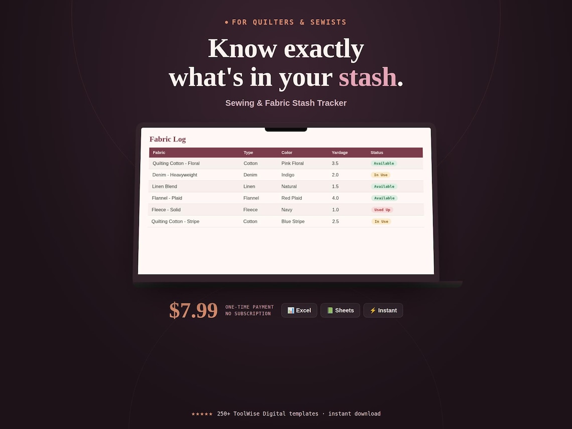 Sewing & Fabric Stash Inventory Tracker — Google Sheets & Excel spreadsheet by ToolWise Digital