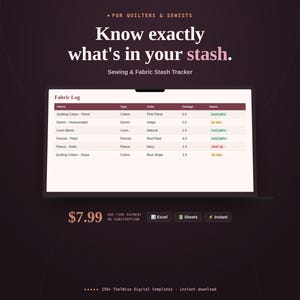 Sewing & Fabric Stash Inventory Tracker product cover image showing key features, price, and format