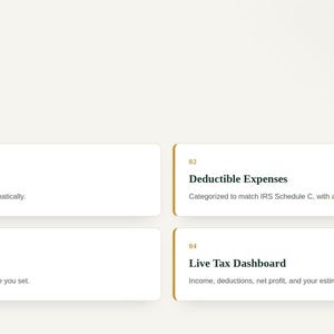 What's inside: 1099 income log, Schedule C expense log, mileage log and a live tax dashboard