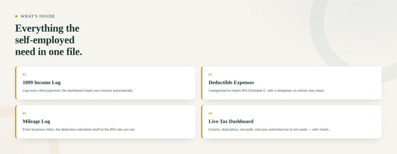 What's inside: 1099 income log, Schedule C expense log, mileage log and a live tax dashboard