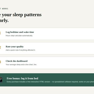 Three step how it works graphic and free bonus tool banner for Sleep Tracker Spreadsheet