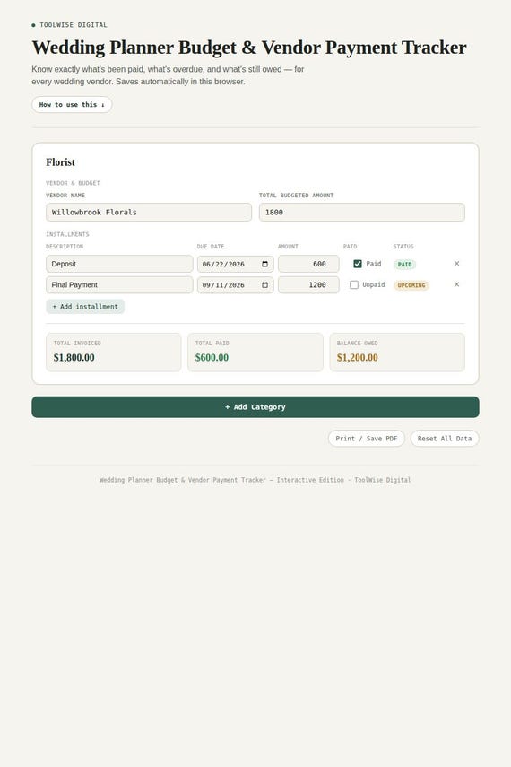 Wedding Planner Budget & Vendor Payment Tracker — Google Sheets & Excel spreadsheet by ToolWise Digital — view 3