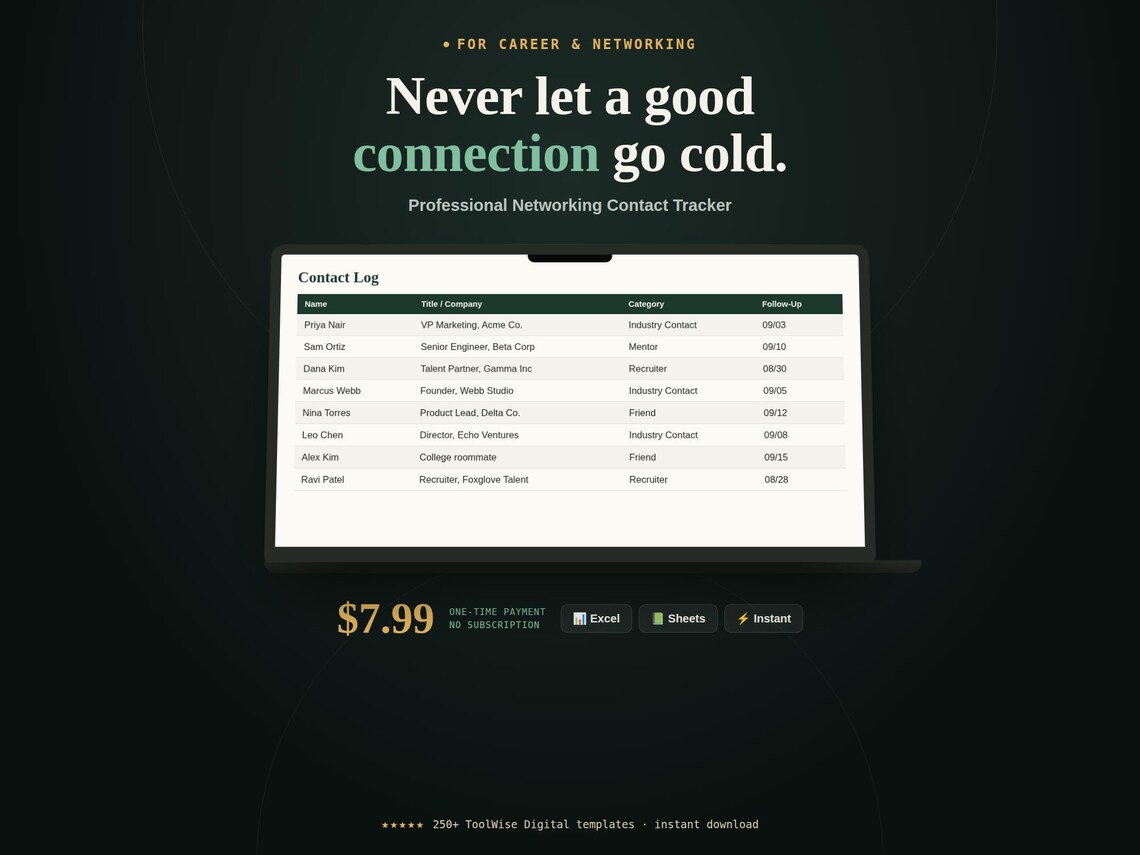 Professional Networking Contact Tracker — Google Sheets & Excel spreadsheet by ToolWise Digital