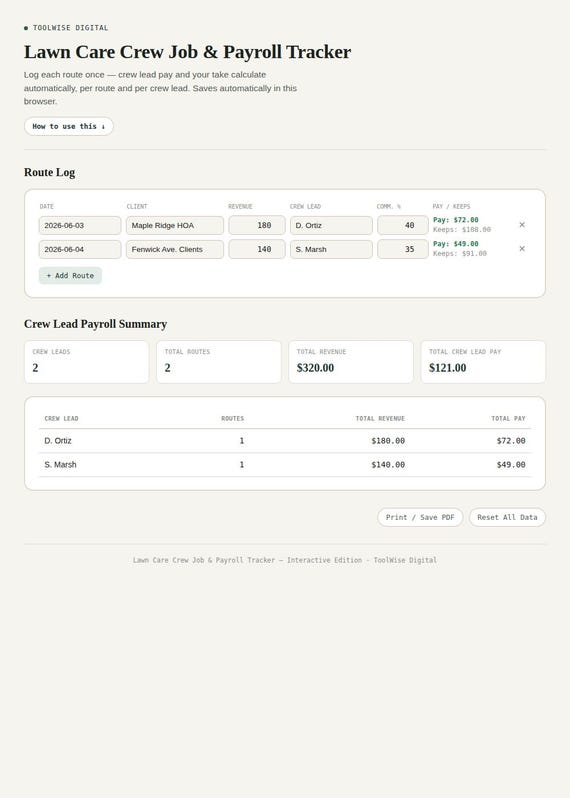 Lawn Care Crew Job & Payroll Tracker — Google Sheets & Excel spreadsheet by ToolWise Digital — view 3