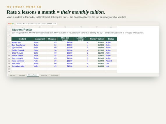 Private Music Teacher Tuition Tracker — Google Sheets & Excel spreadsheet by ToolWise Digital — view 4