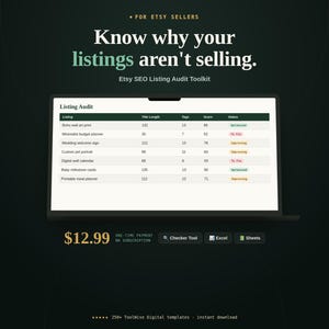 Etsy SEO Listing Audit Toolkit product cover image showing a listing audit table with scores, price, and format