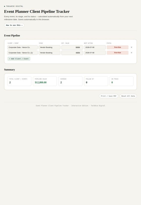 Event Planner Client Pipeline Tracker — Google Sheets & Excel spreadsheet by ToolWise Digital — view 3