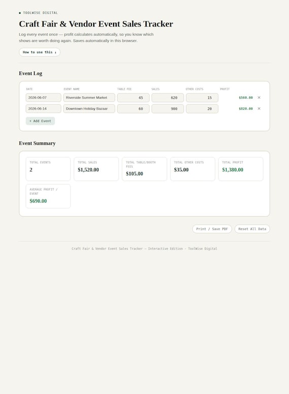 Craft Fair & Vendor Event Sales Tracker — Google Sheets & Excel spreadsheet by ToolWise Digital — view 3
