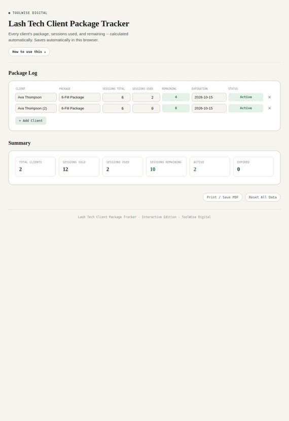 Lash Tech Client Package Tracker — Google Sheets & Excel spreadsheet by ToolWise Digital — view 3