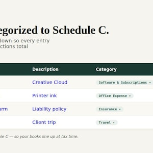 Deductible expense log with a dropdown of 15 IRS Schedule C categories