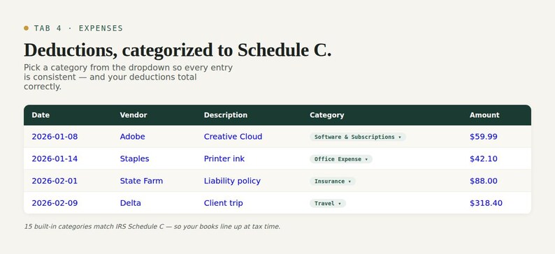 Deductible expense log with a dropdown of 15 IRS Schedule C categories