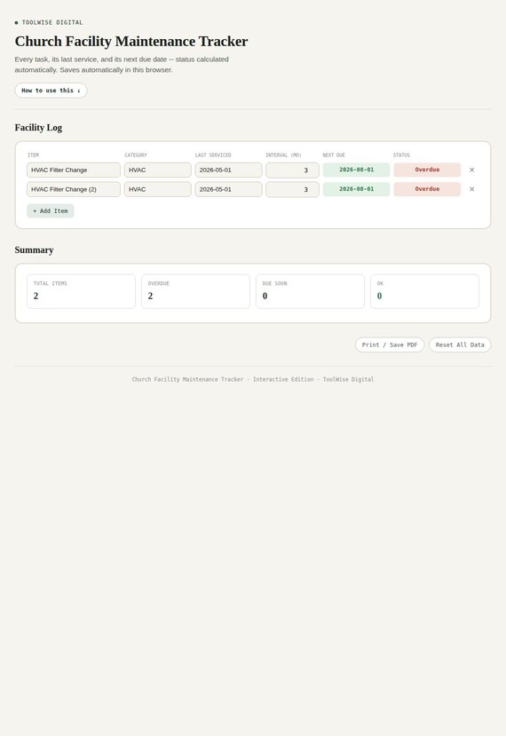 Church Facility Maintenance Tracker — Google Sheets & Excel spreadsheet by ToolWise Digital — view 3