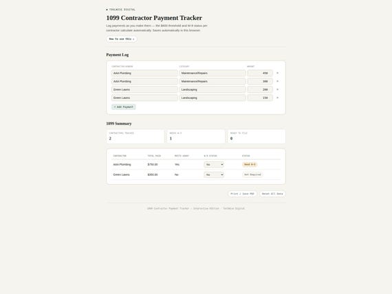 1099 Contractor Payment Tracker — Google Sheets & Excel spreadsheet by ToolWise Digital — view 4