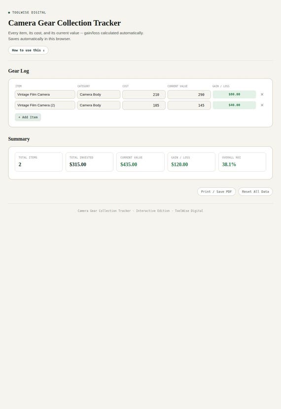 Camera Gear Collection Tracker — Google Sheets & Excel spreadsheet by ToolWise Digital — view 3