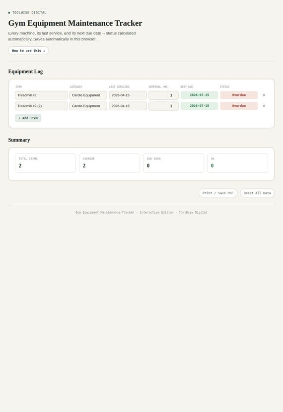 Gym Equipment Maintenance Tracker — Google Sheets & Excel spreadsheet by ToolWise Digital — view 3